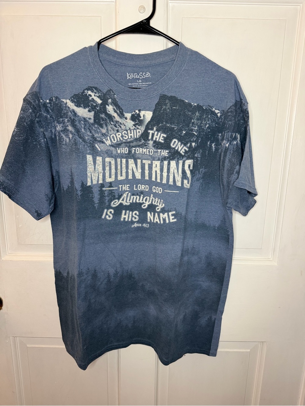 Kerusso Men LG Blue Religious Mountains Graphic T-Shirt Crew Neck Cotton Poly